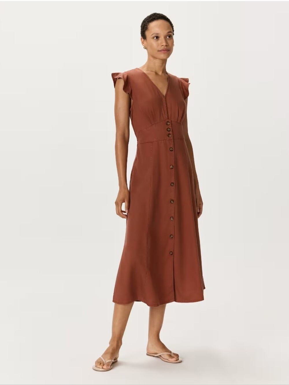QUINCE Vintage Wash Terracotta Tencel Button Front Midi Dress Sz M